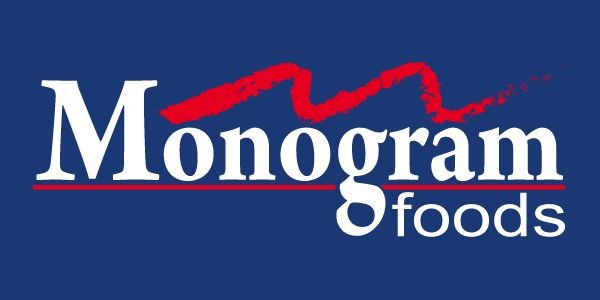 Monogram Foods company logo in blue and red on white background.