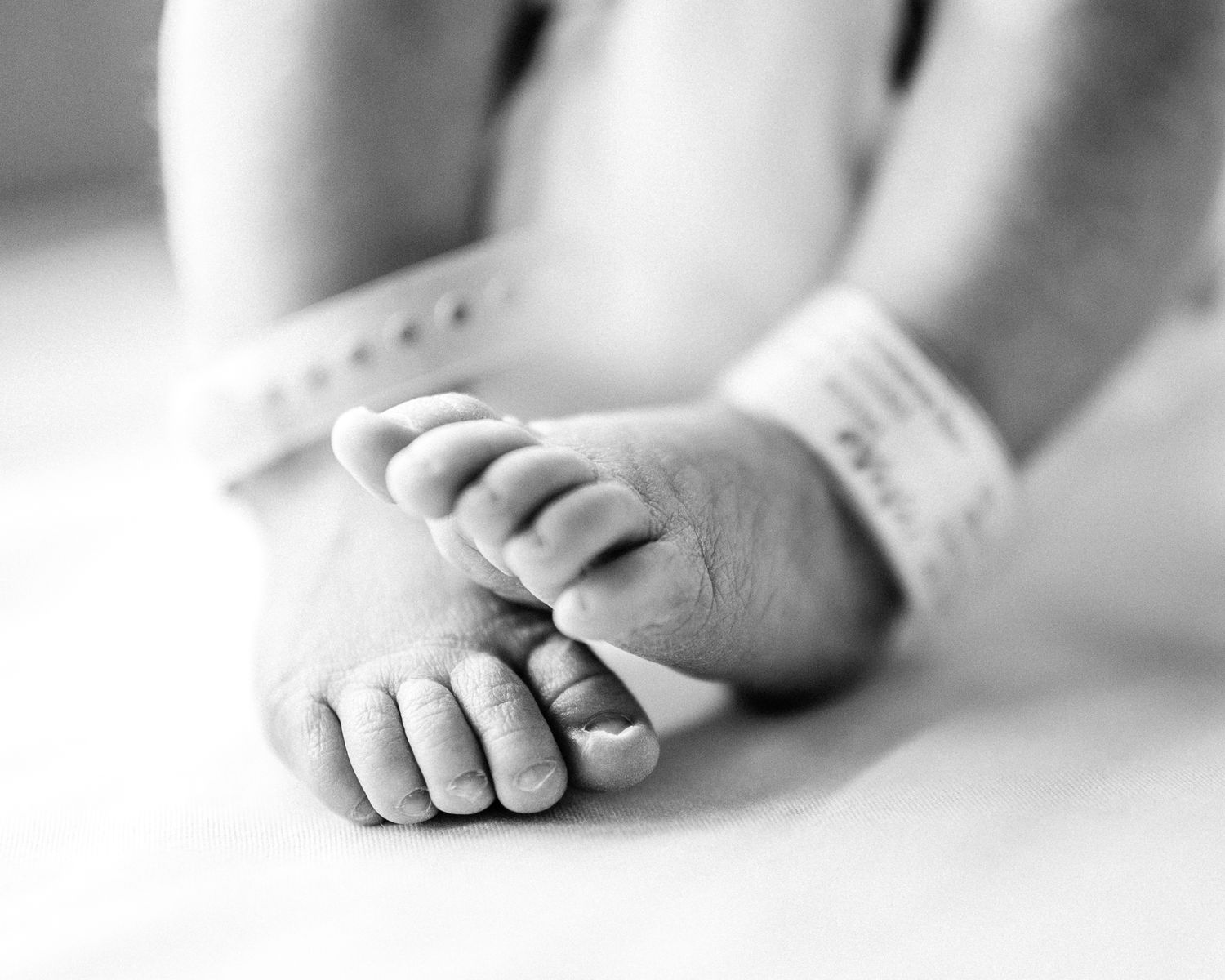 Collection of black and white close-up photographs showing tiny baby feet.