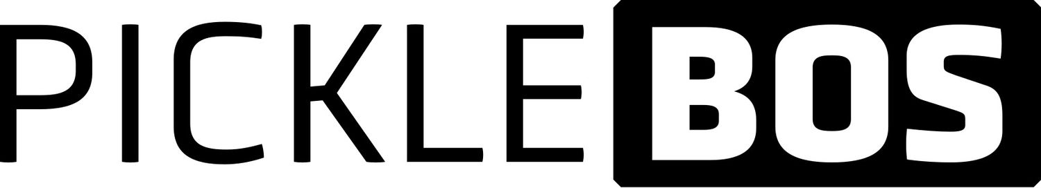 Black and white Pickle Bos logo featuring bold sans-serif text with the word BOS in a solid black rectangle.
