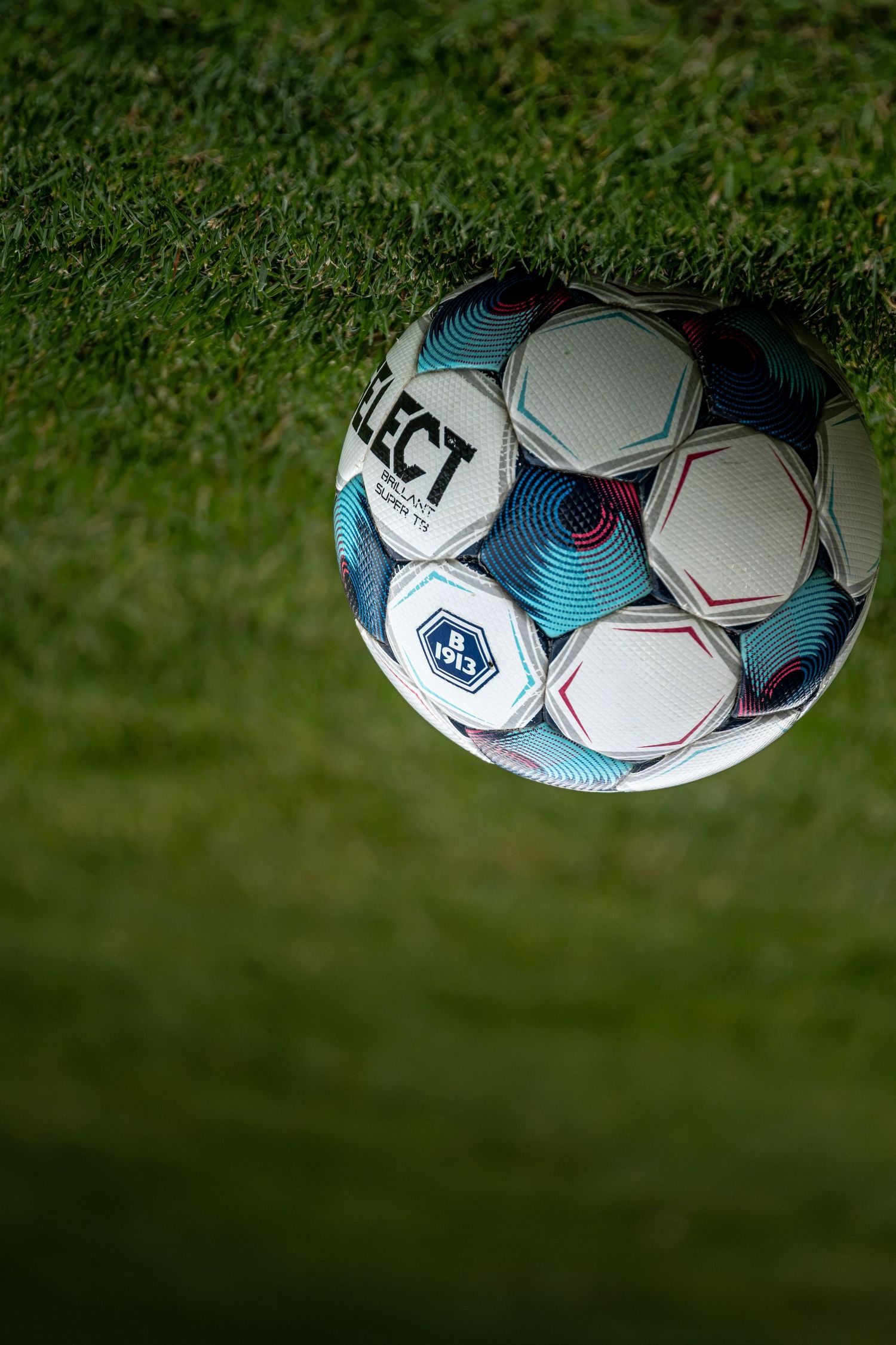 A Select brand soccer ball with blue and red designs rests on green grass during a football match.