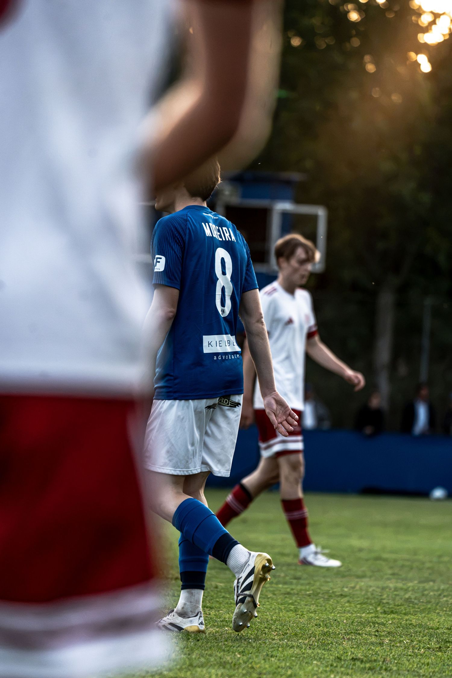 Soccer player wearing number 8 blue jersey walks on sunlit green field during a match.