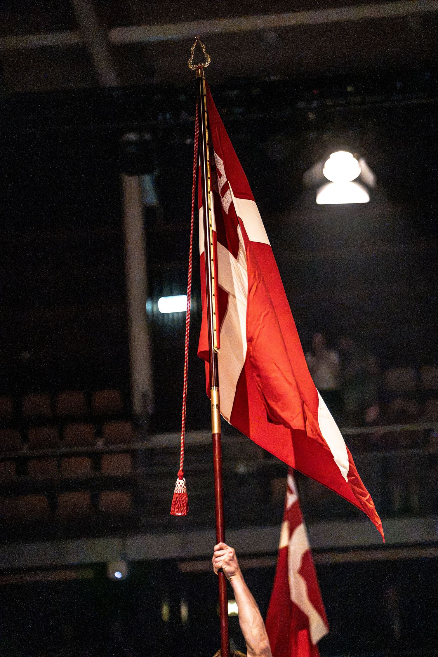 A hand holds a red and white flag with a cross emblem in a dark arena.