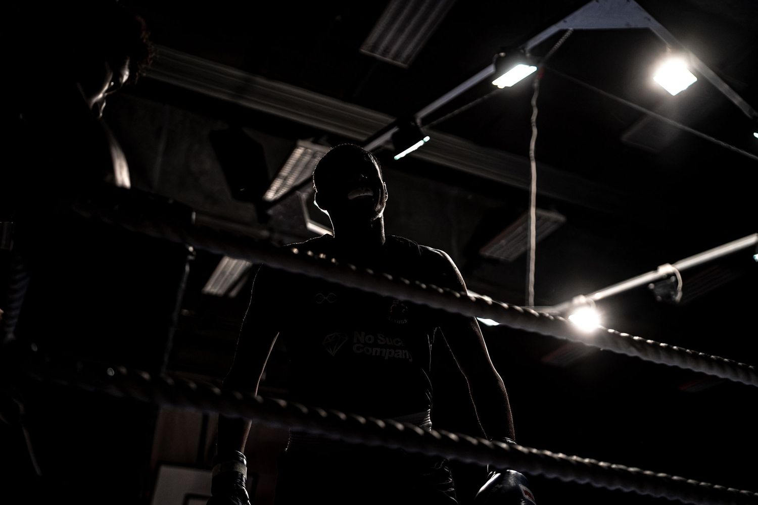 Dark silhouette of a boxer standing in a boxing ring under overhead gym lights.