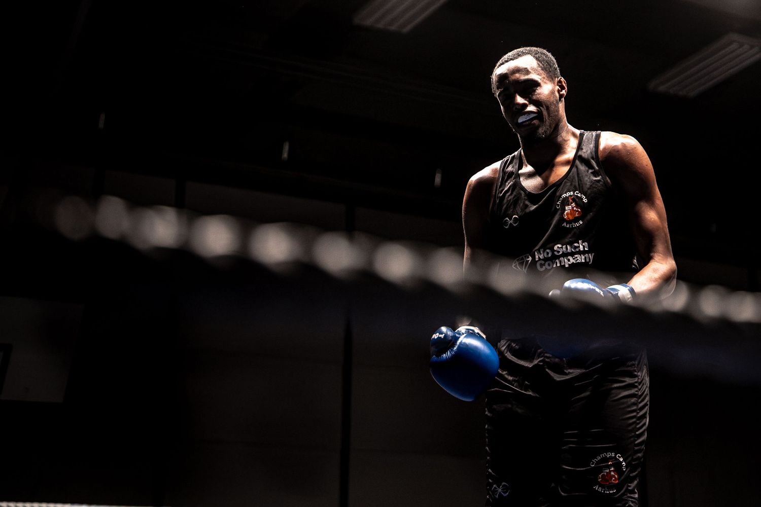 A boxer in black and blue gear stands confidently in a dimly lit boxing ring.