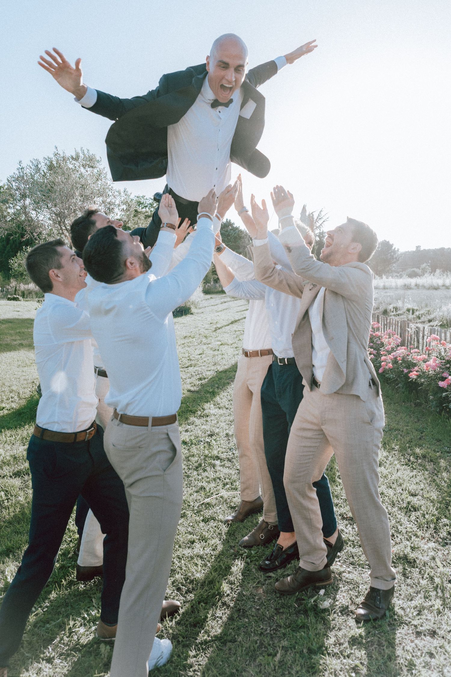 Groomsmen toss the groom into the air in a sunny outdoor garden during a wedding celebration.