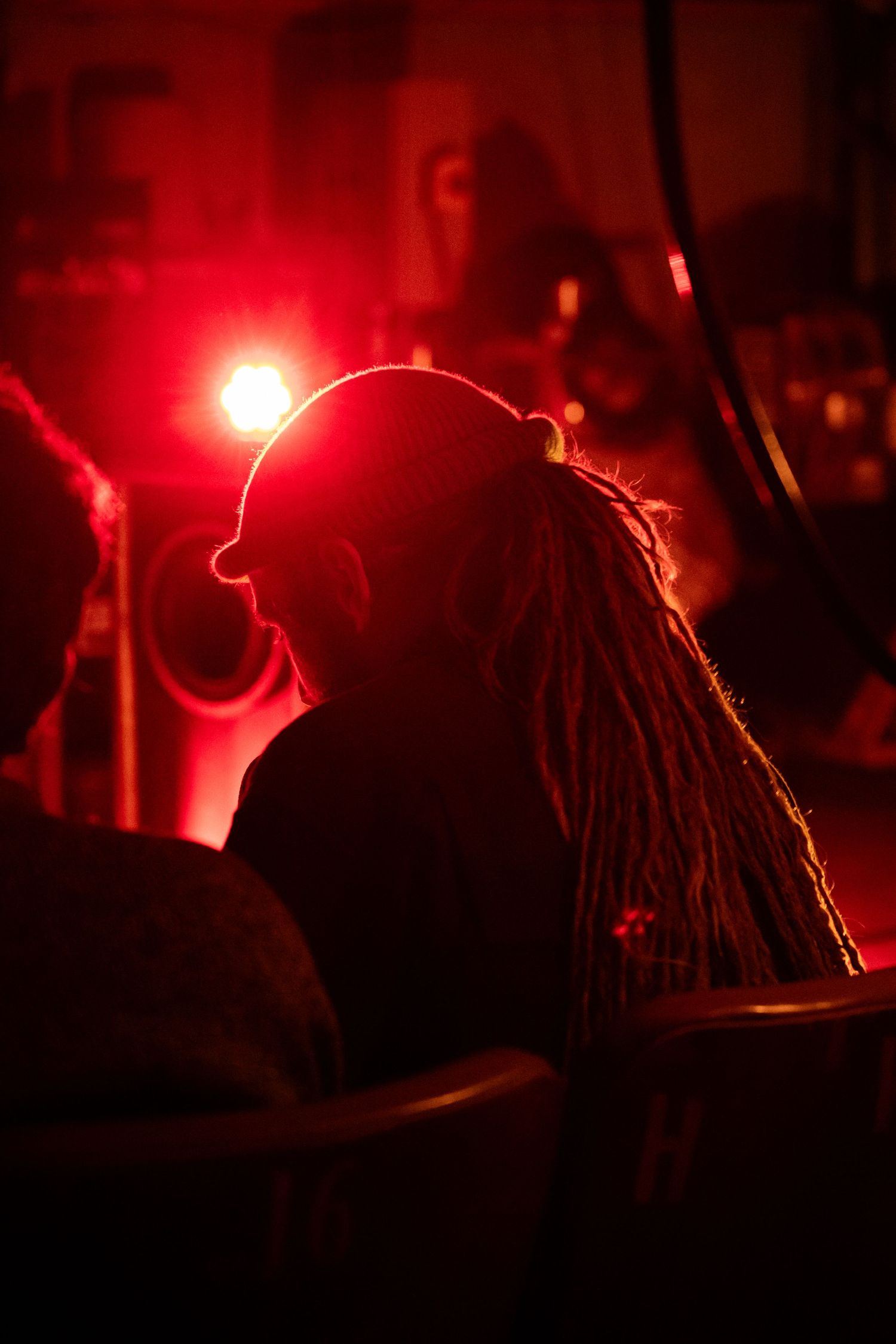 Silhouette of person with dreadlocks illuminated by red stage light in dark concert venue.