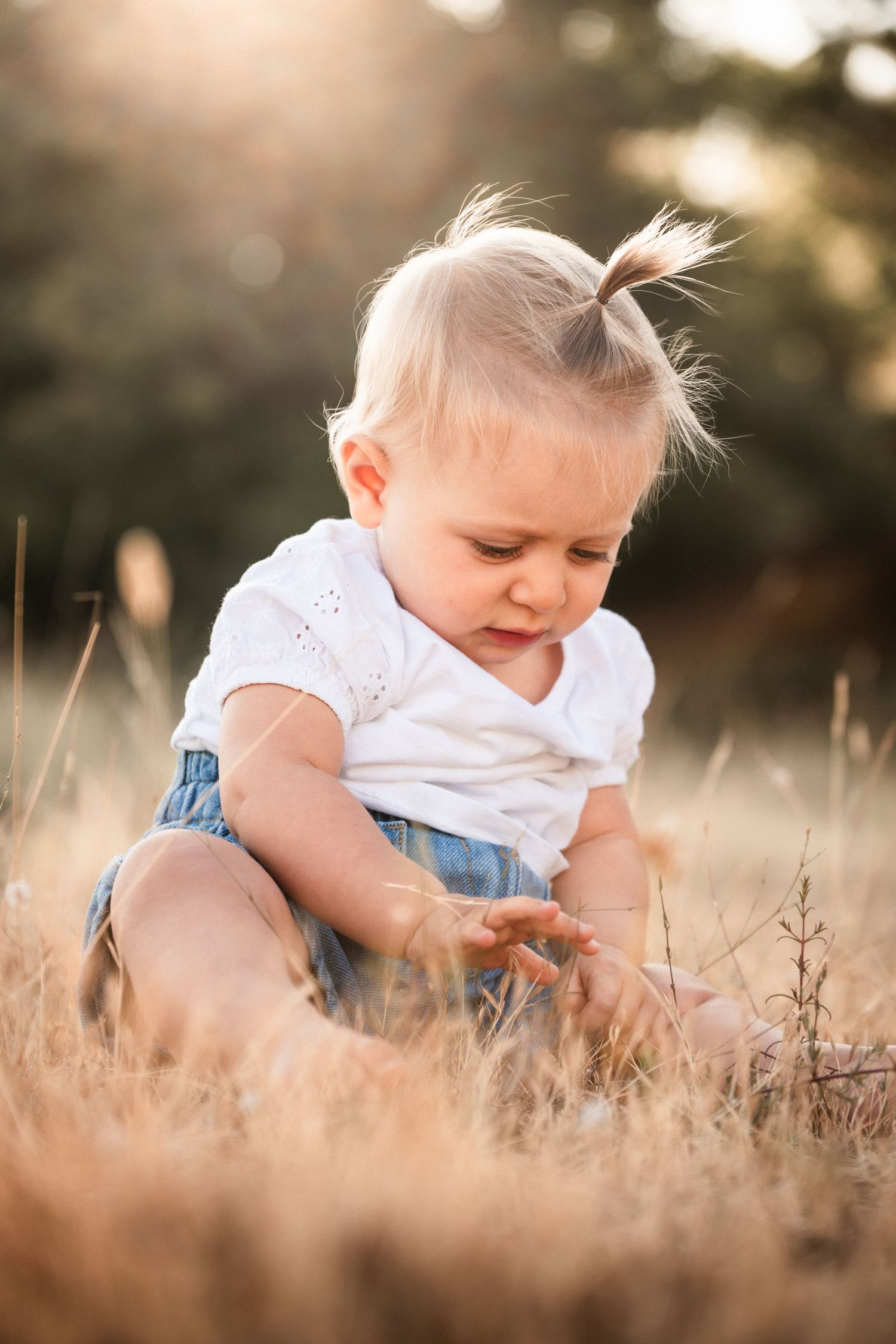 Curious baby in white top sitting in dry grass exploring nature in golden light.