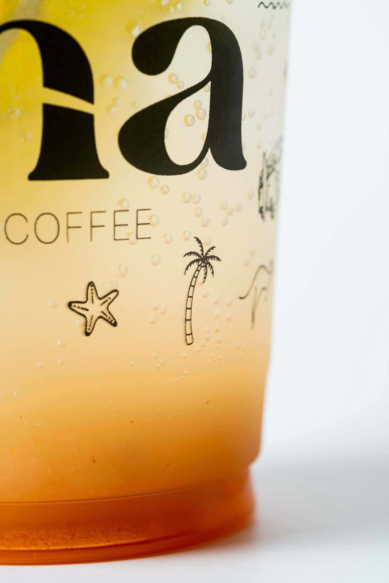 Close-up of Poma Coffee branded cup with starfish and palm tree illustrations.