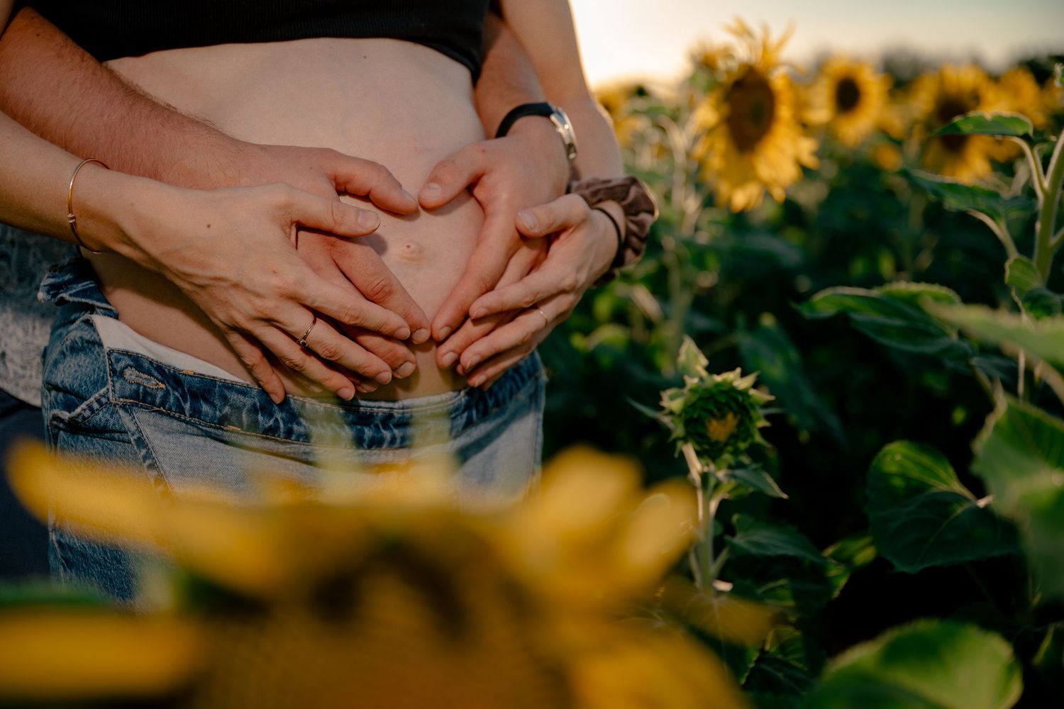 Couple making a heart shape with their hands on a pregnant belly among blooming sunflowers at golden hour.