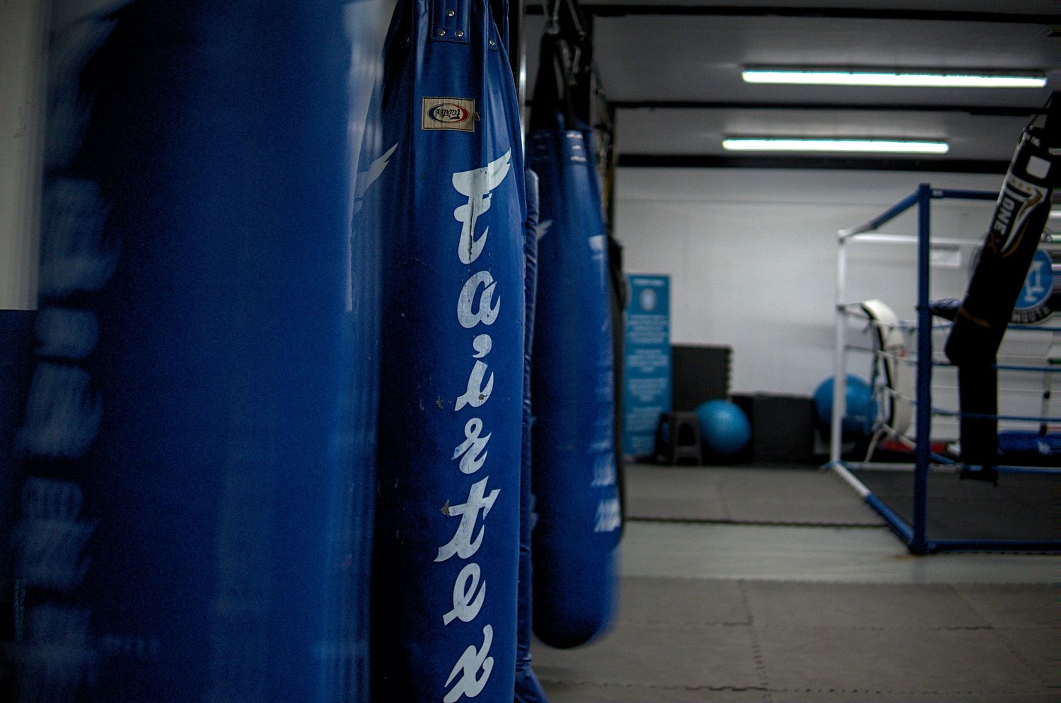 Blue Fairtex heavy punching bags hanging in a martial arts training gym.