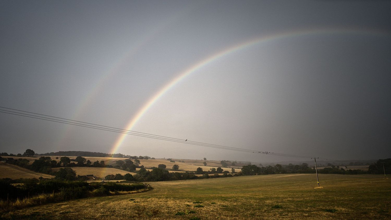 Stunning full double rainbow arching over golden English countryside fields and hedgerows under grey skies.