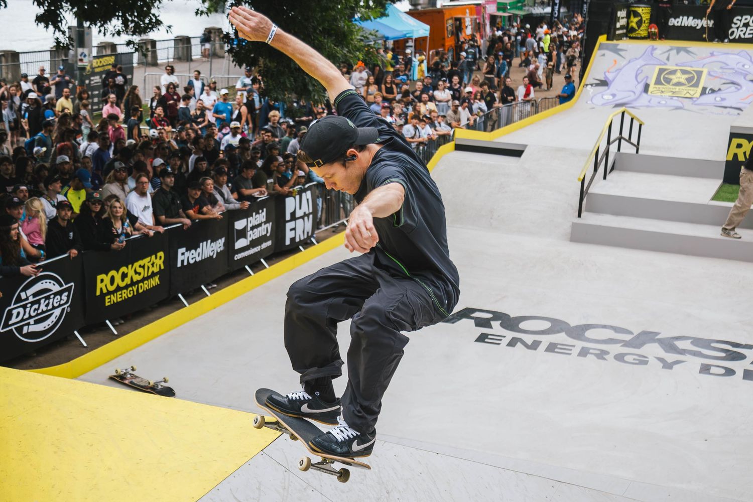 Skateboarders perform at the 2026 Rockstar Energy Open competition in Portland Oregon.