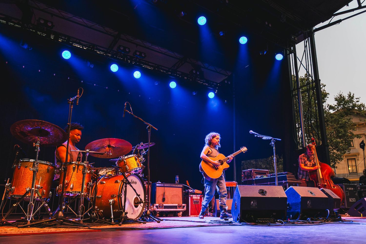 Concert photography featuring Ani DiFranco at Pioneer Courthouse Square in Portland Oregon.