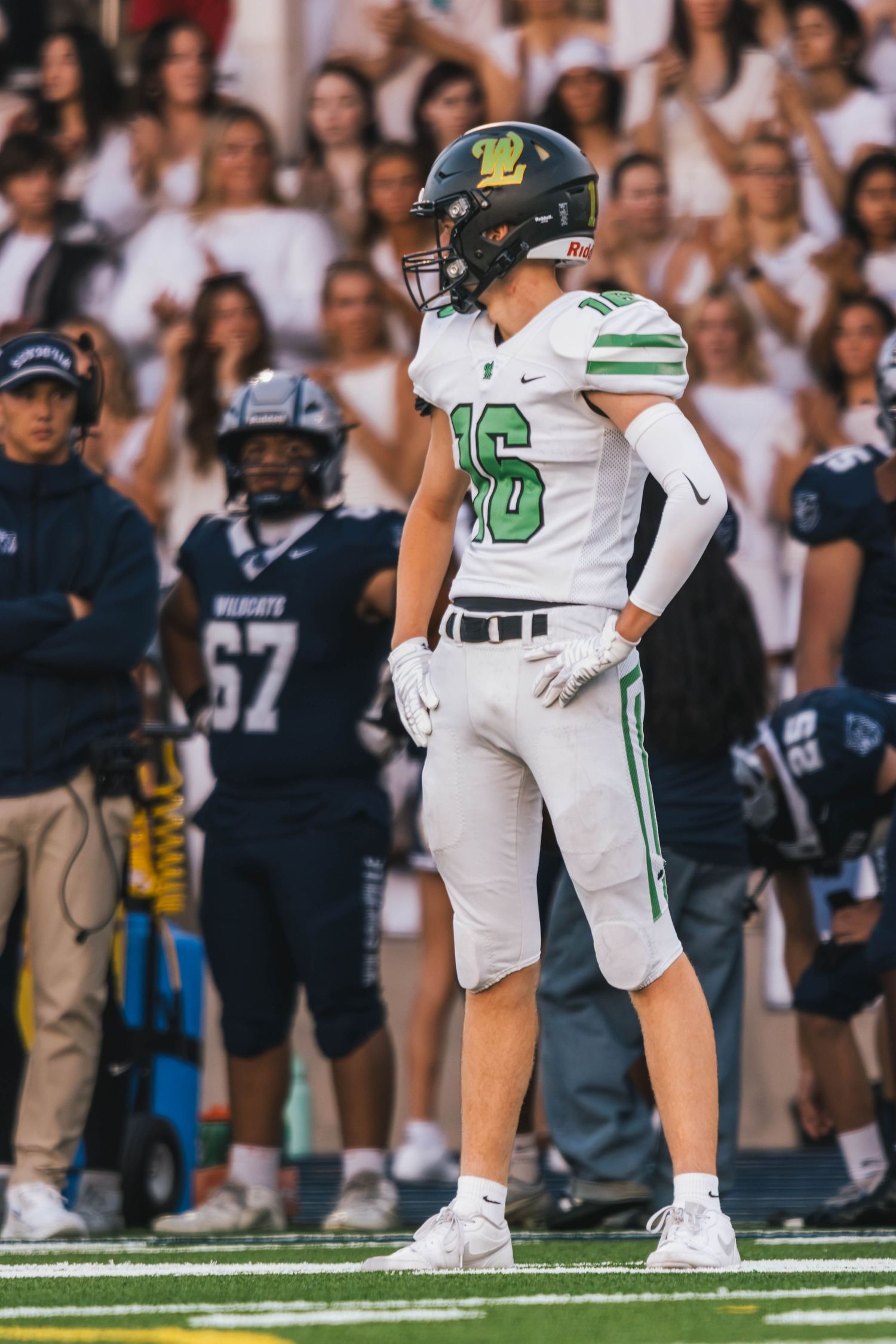 West Linn Lions football players competing during a high school football game in West Linn, Oregon.