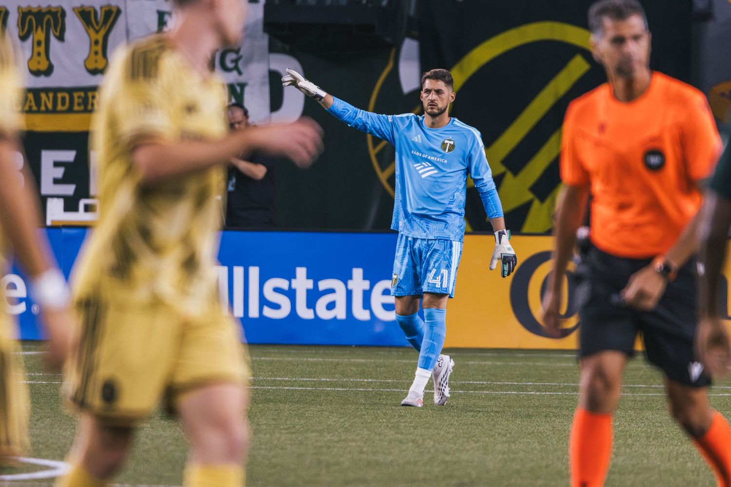 Portland Timbers players competing against St. Louis CITY SC during a Major League Soccer match at Providence Park in Portland, Oregon.