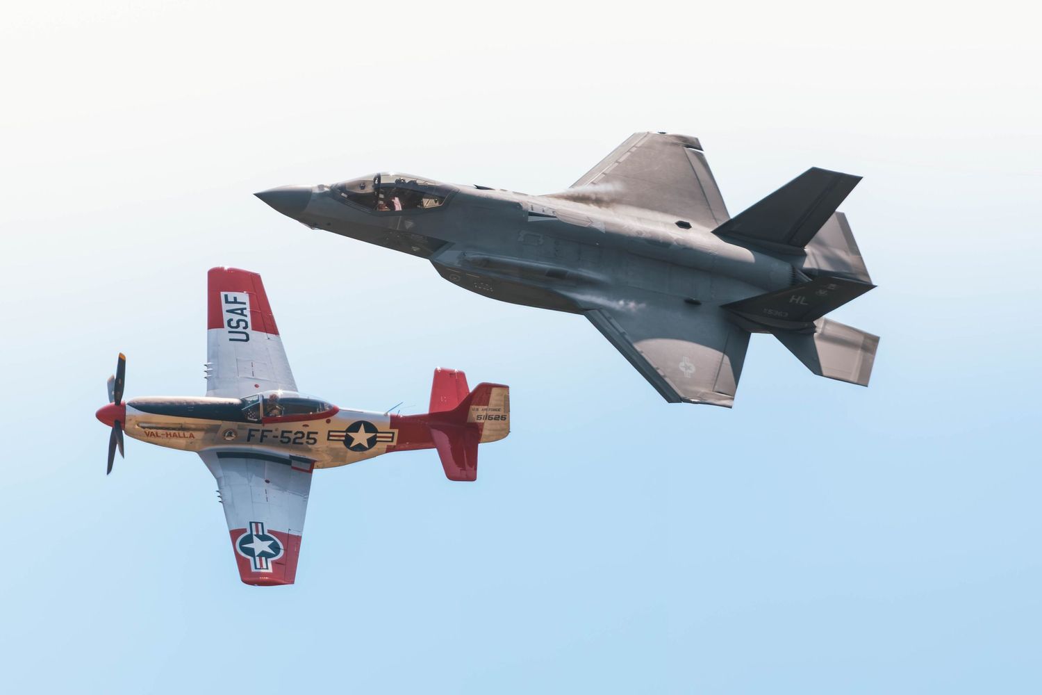 F-35 Lighting II performs a flyby with a P51 Mustang at the 2026 McMinnville Air Show in McMinnville Oregon.
