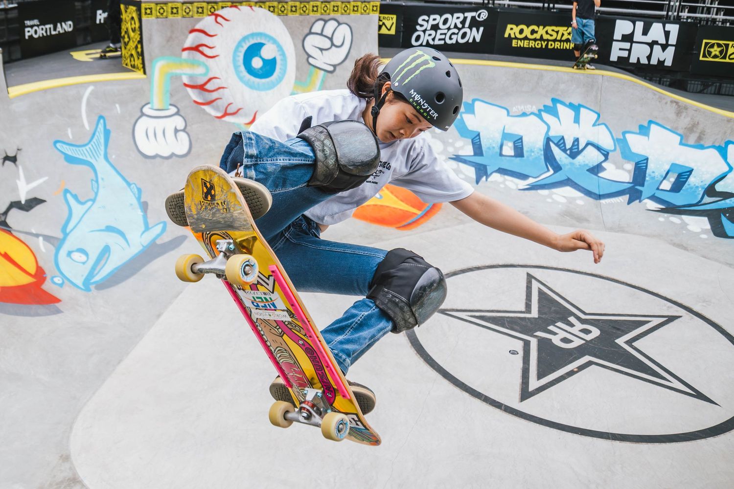 Skateboarders perform at the 2026 Rockstar Energy Open competition in Portland Oregon.
