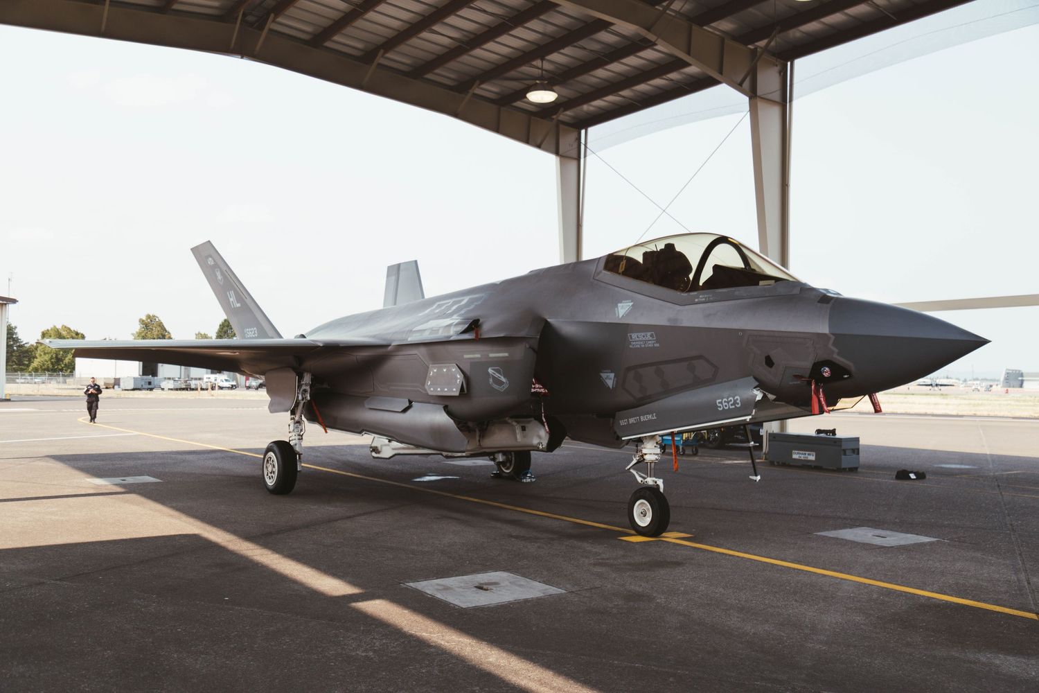 F-35 Lighting II in a hangar bay at Portland Air National Guard Base.