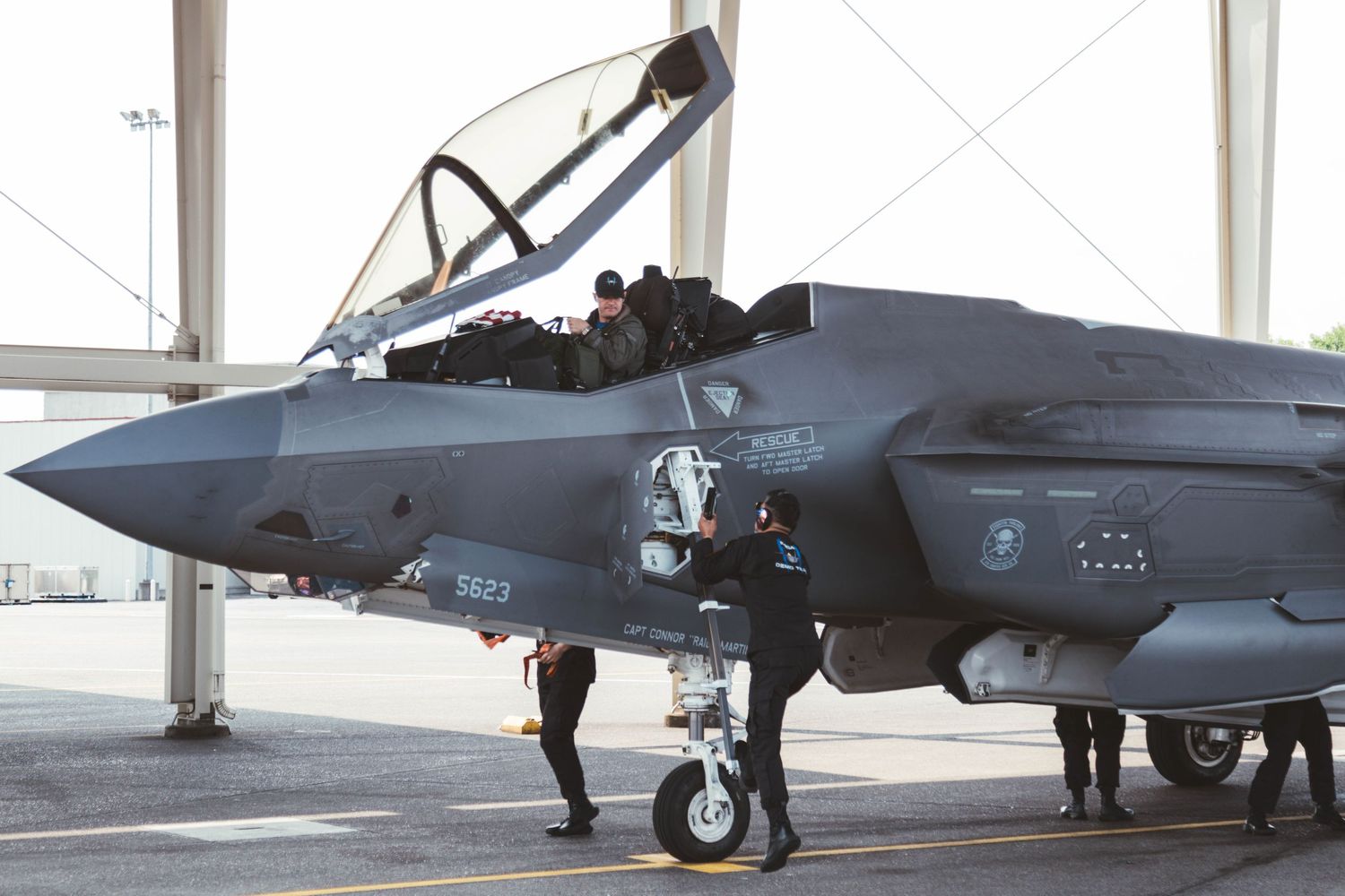 F-35 Lighting II in a hangar bay at Portland Air National Guard Base.
