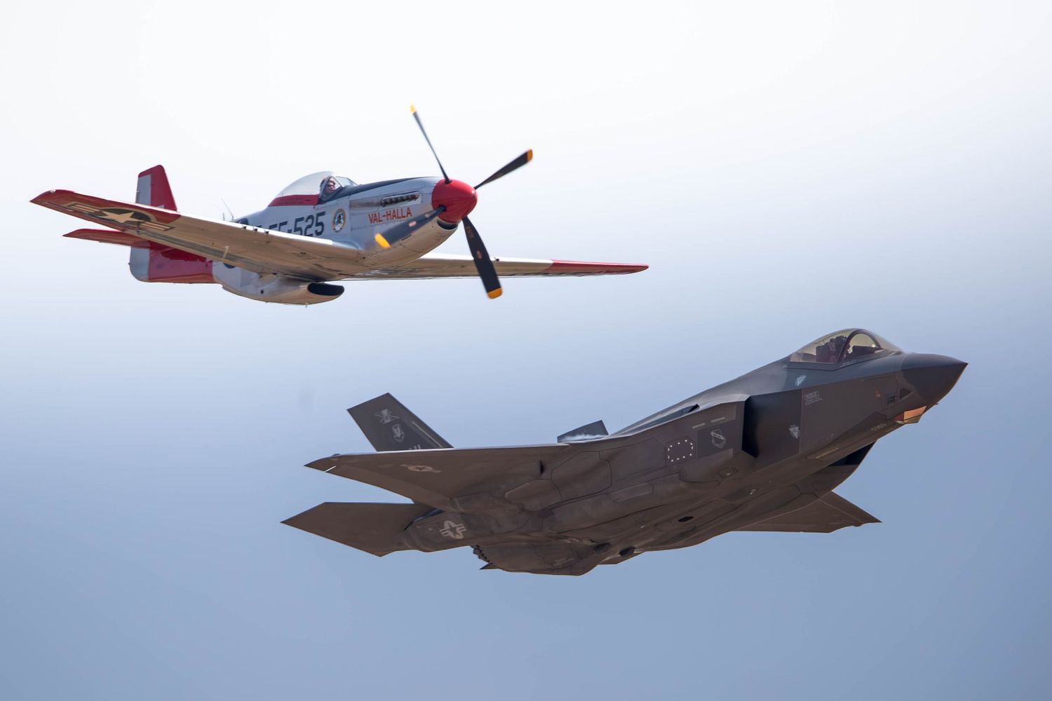 F-35 Lighting II performs a flyby with a P51 Mustang at the 2026 McMinnville Air Show in McMinnville Oregon.
