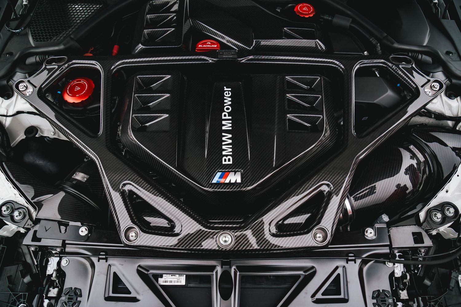 BMW M4 Engine bay with Eventuri intakes and parts.