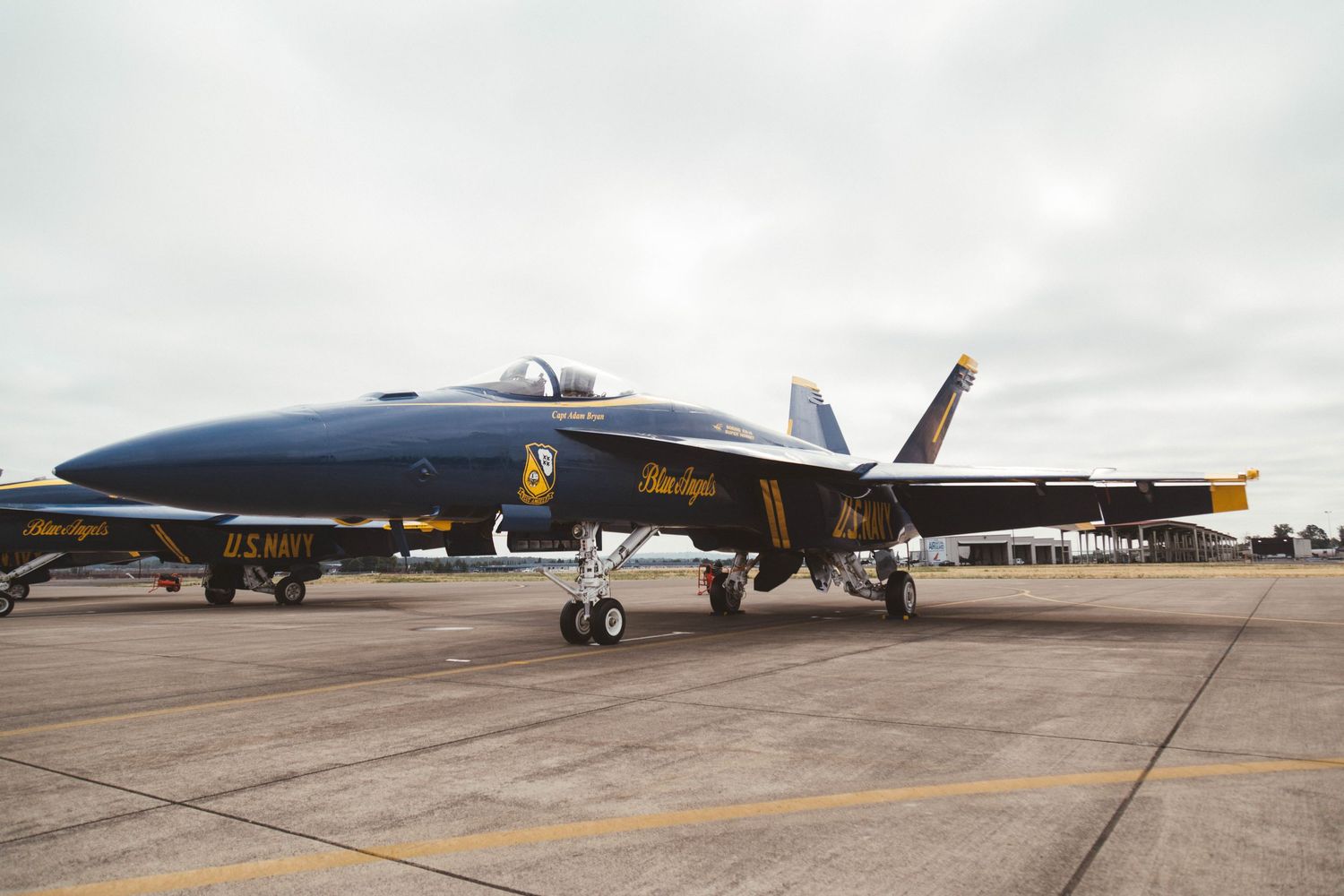 The U.S. Navy Blue Angels sit stationary on the ramp at Portland Air National Guard base at KPDX.