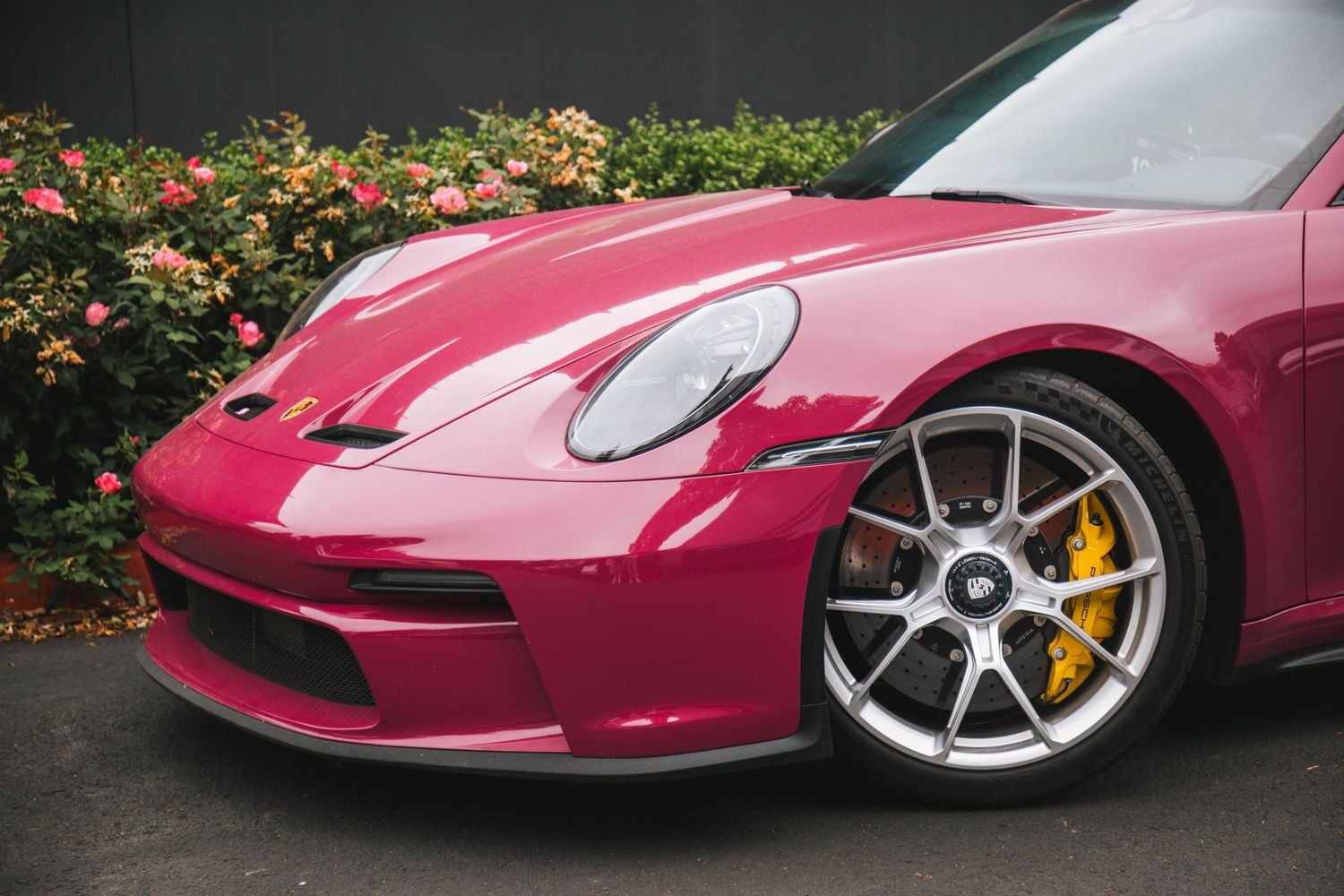 992 Porsche 911 GT3 Touring in Ruby Star with silver wheels and yellow PCCBs at Porsche Beaverton Cars and Coffee