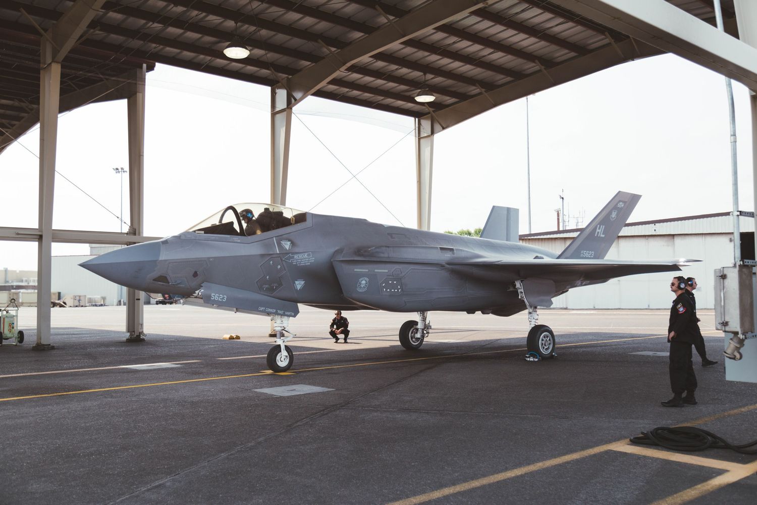 F-35 Lighting II in a hangar bay at Portland Air National Guard Base.