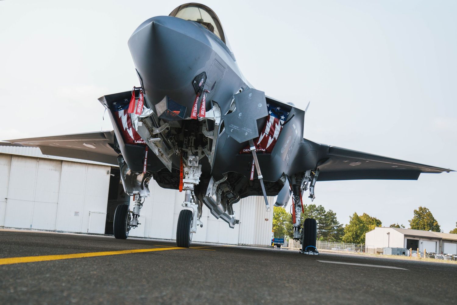 F-35 Lighting II in a hangar bay at Portland Air National Guard Base.