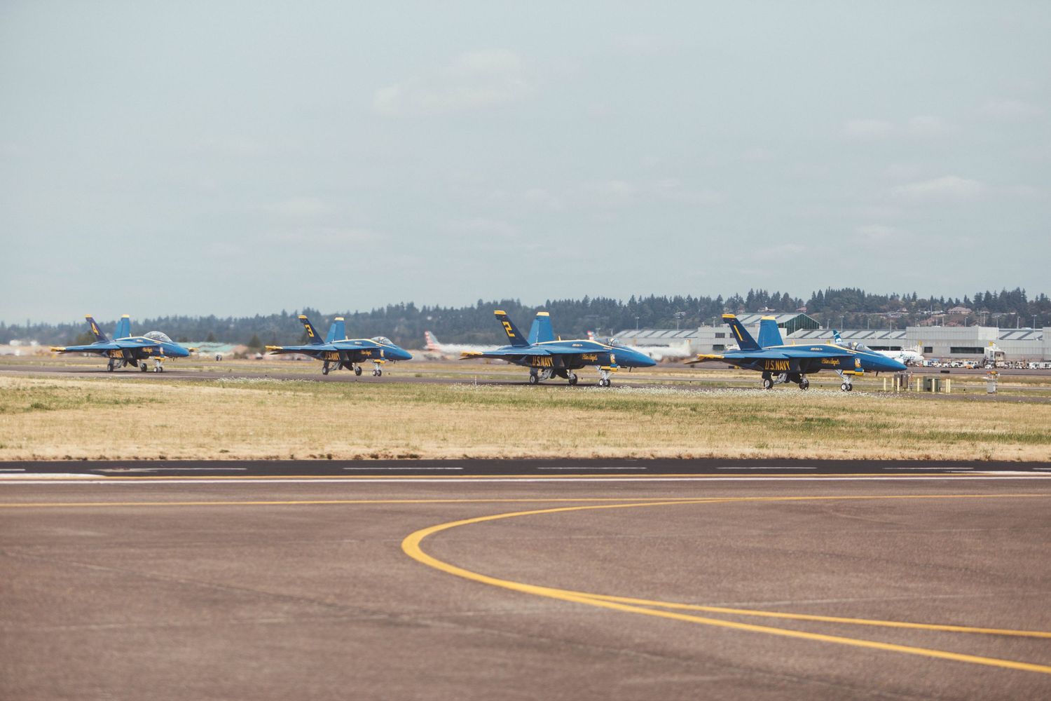 The Blue Angels taxi in sequence 1-4 at Portland International Airport
