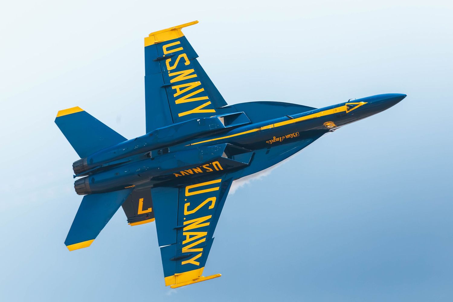 U.S. Navy Blue Angels F/A-18 Super Hornets performing aerial maneuvers at the Oregon International Air Show in McMinnville, Oregon.