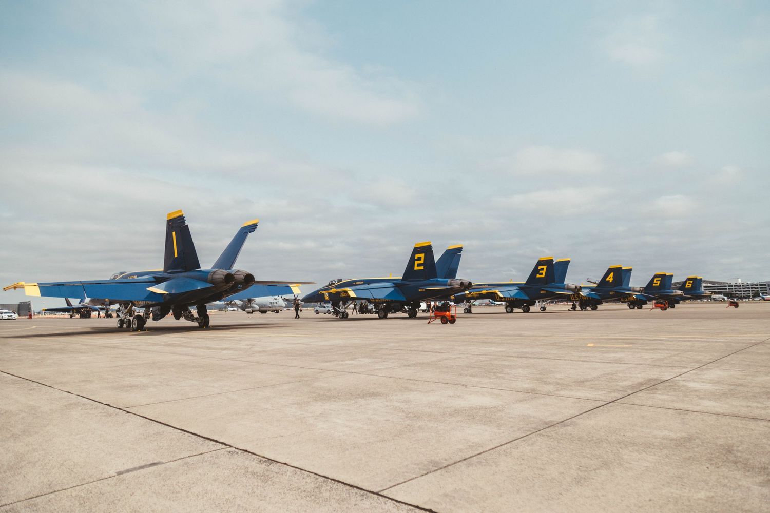 The U.S. Navy Blue Angels sit stationary on the ramp at Portland Air National Guard base at KPDX.