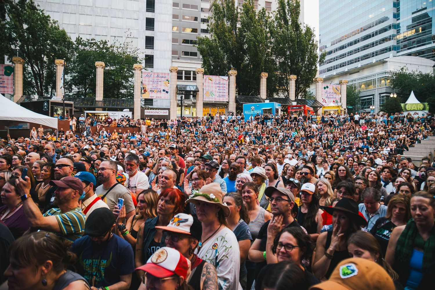 Concert photography featuring Modest Mouse at Pioneer Courthouse Square in Portland Oregon.