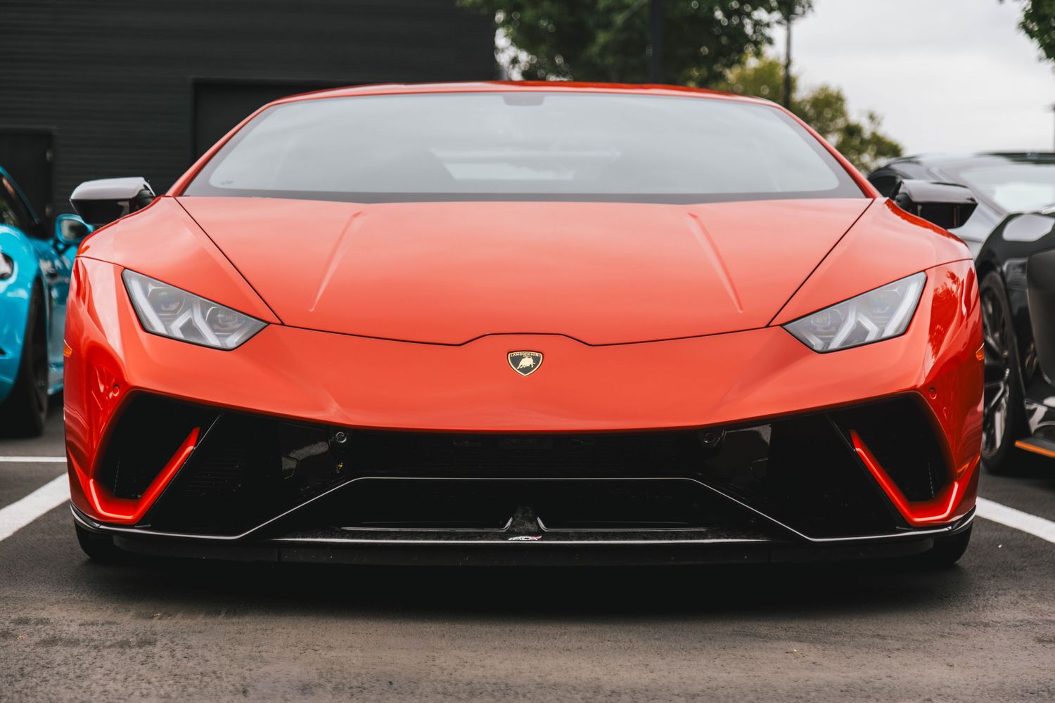 Lamborghini Huracan Performante in red at Porsche Beaverton Cars and Coffee in Portland Oregon.