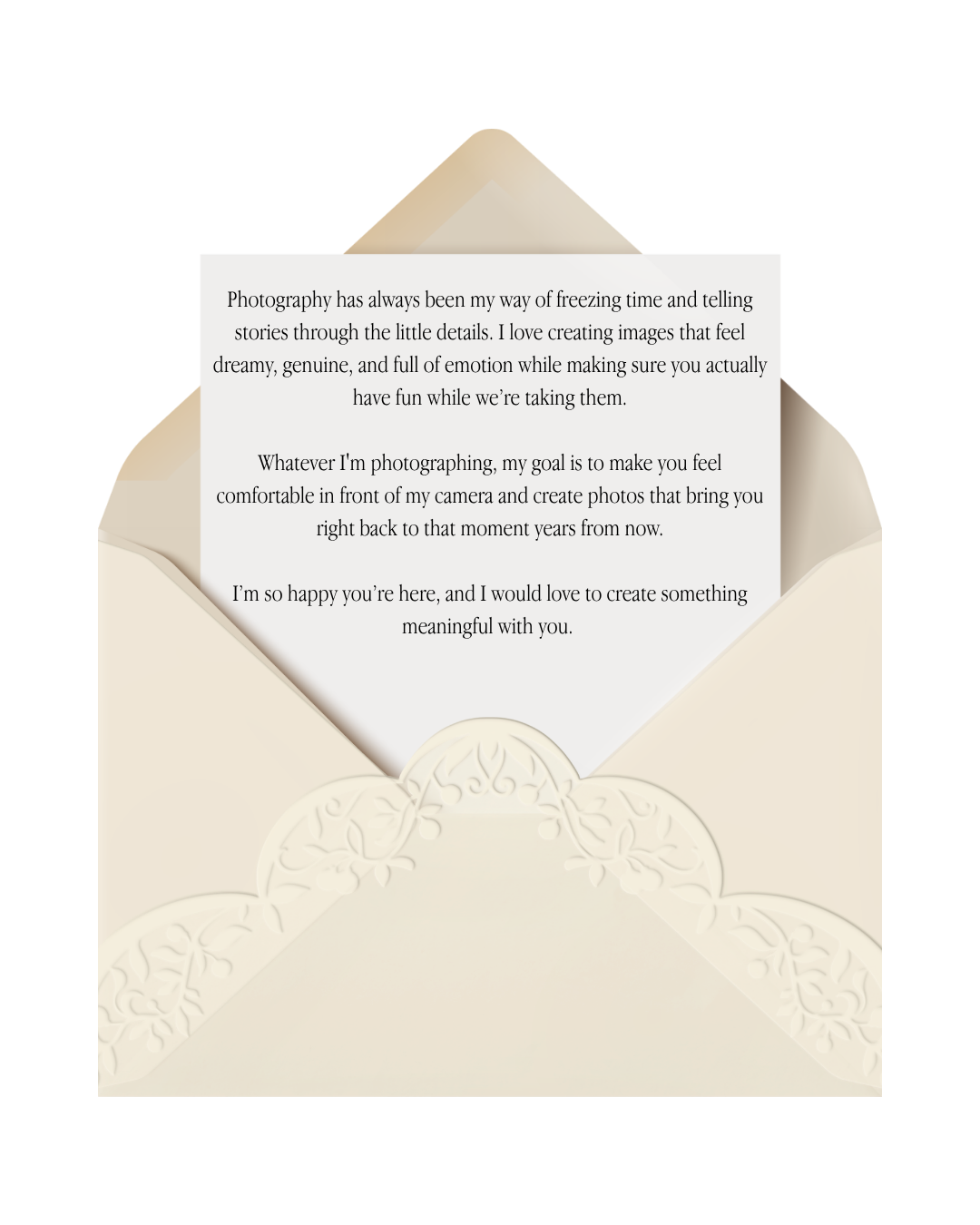 An open cream envelope with embossed floral border containing a letter about Sofia Marie Photography services.