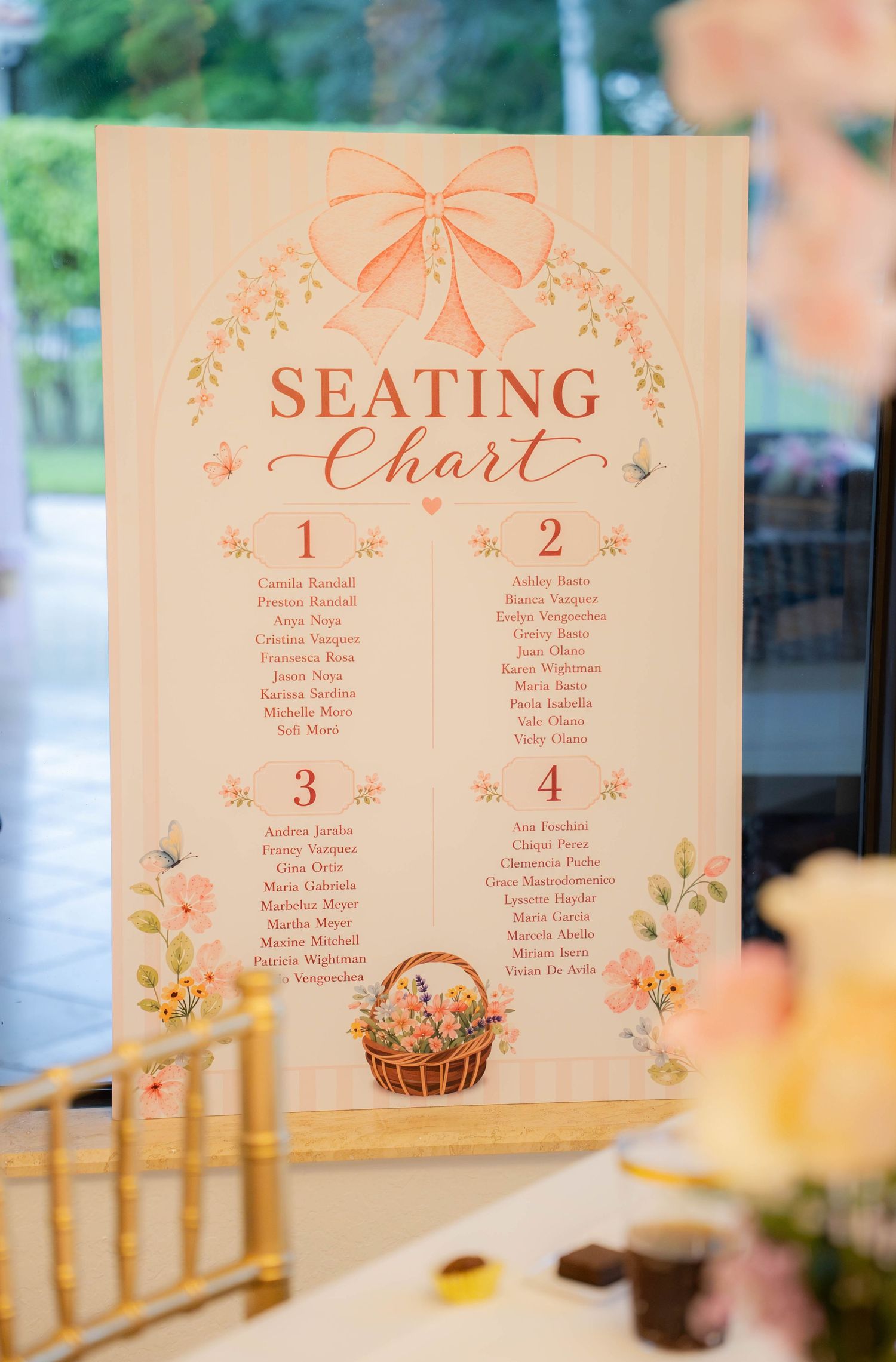 Decorative baby shower seating chart with pink bow and floral basket design listing four tables.