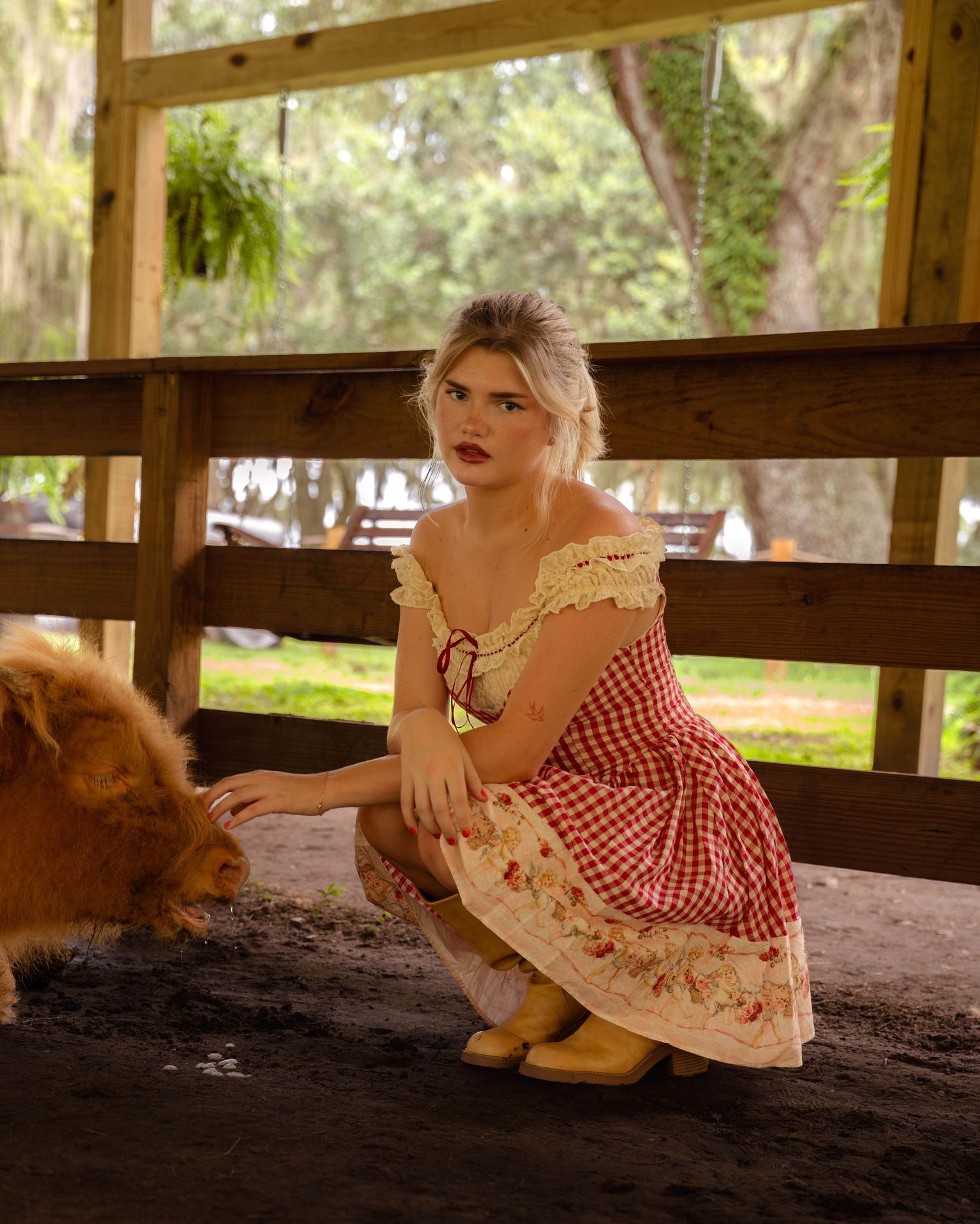 Young woman in red gingham dress crouching in a barn petting a fluffy animal.