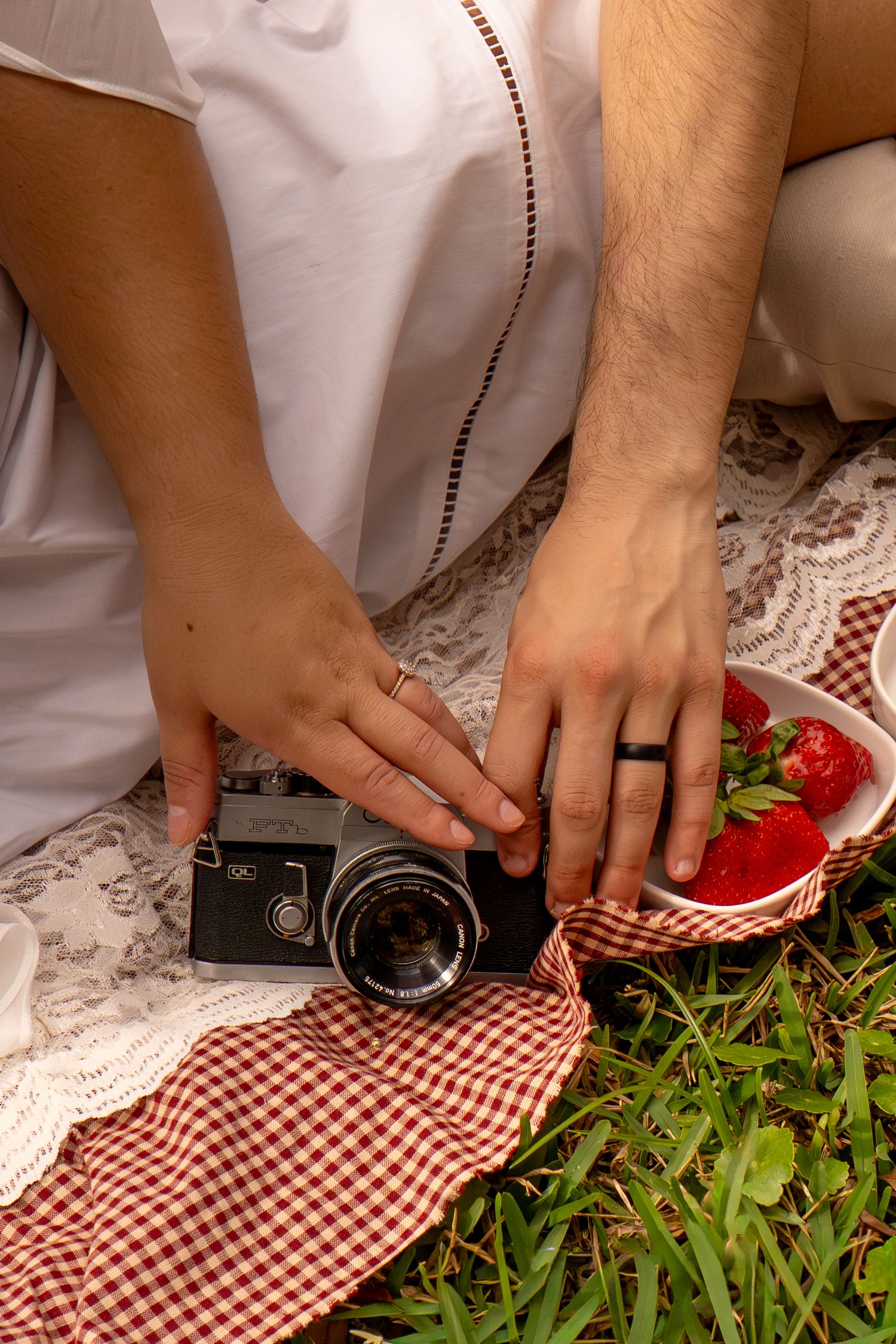 Couple hands near vintage camera and strawberries on picnic blanket outdoors.