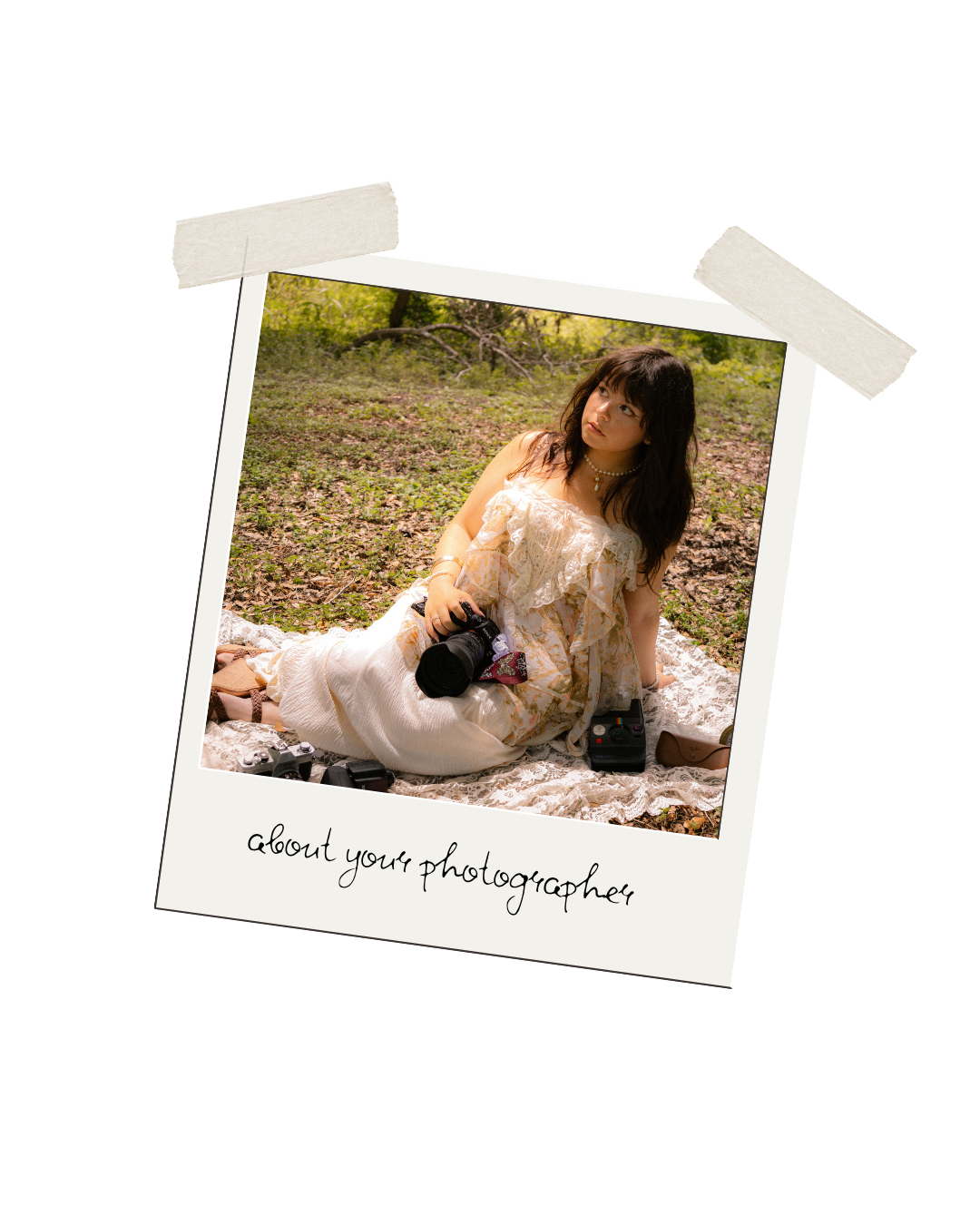 Photographer posing with camera in a polaroid-style photo labeled about your photographer.