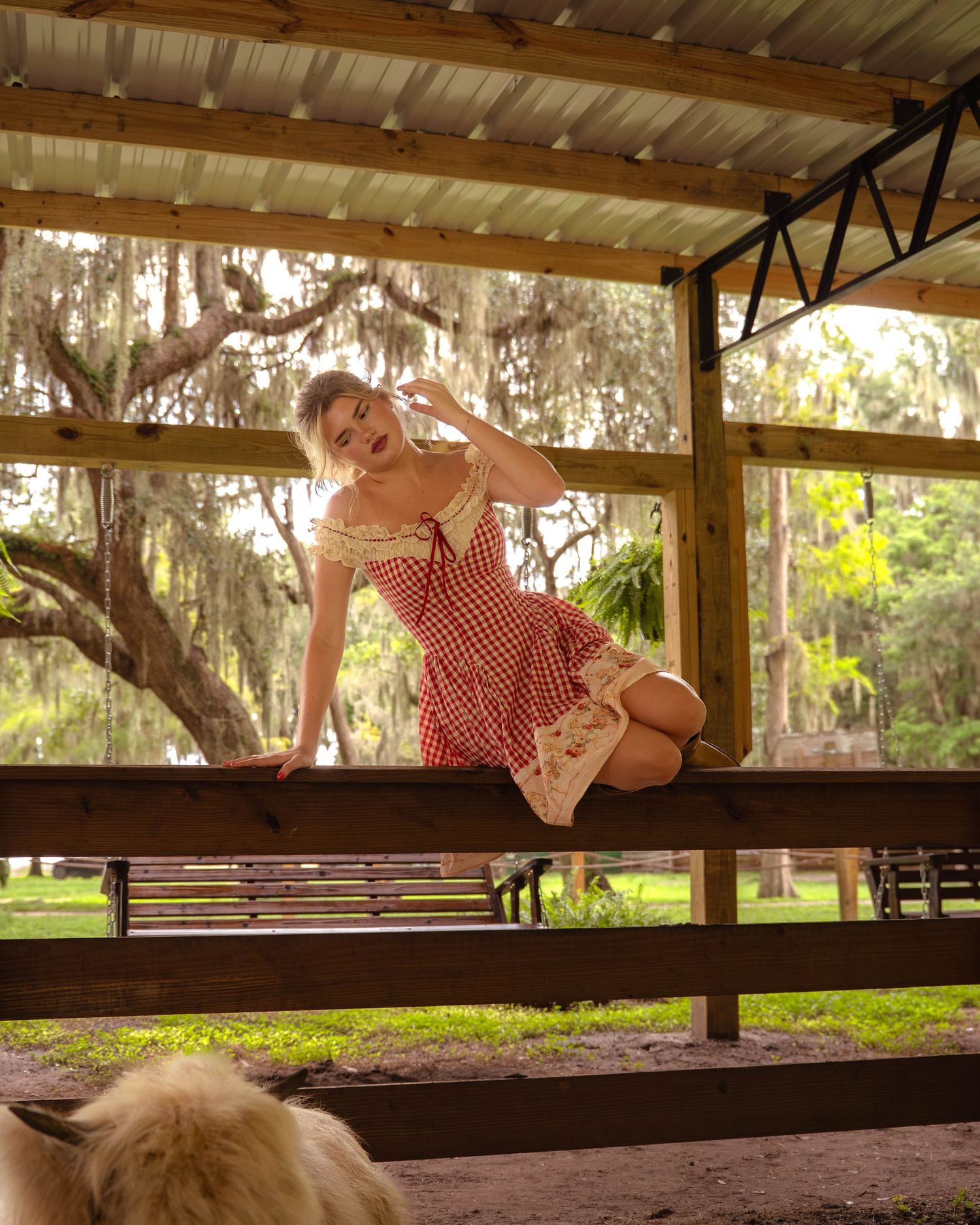 Woman in red gingham dress posing on a wooden fence rail inside a sunlit farm barn.