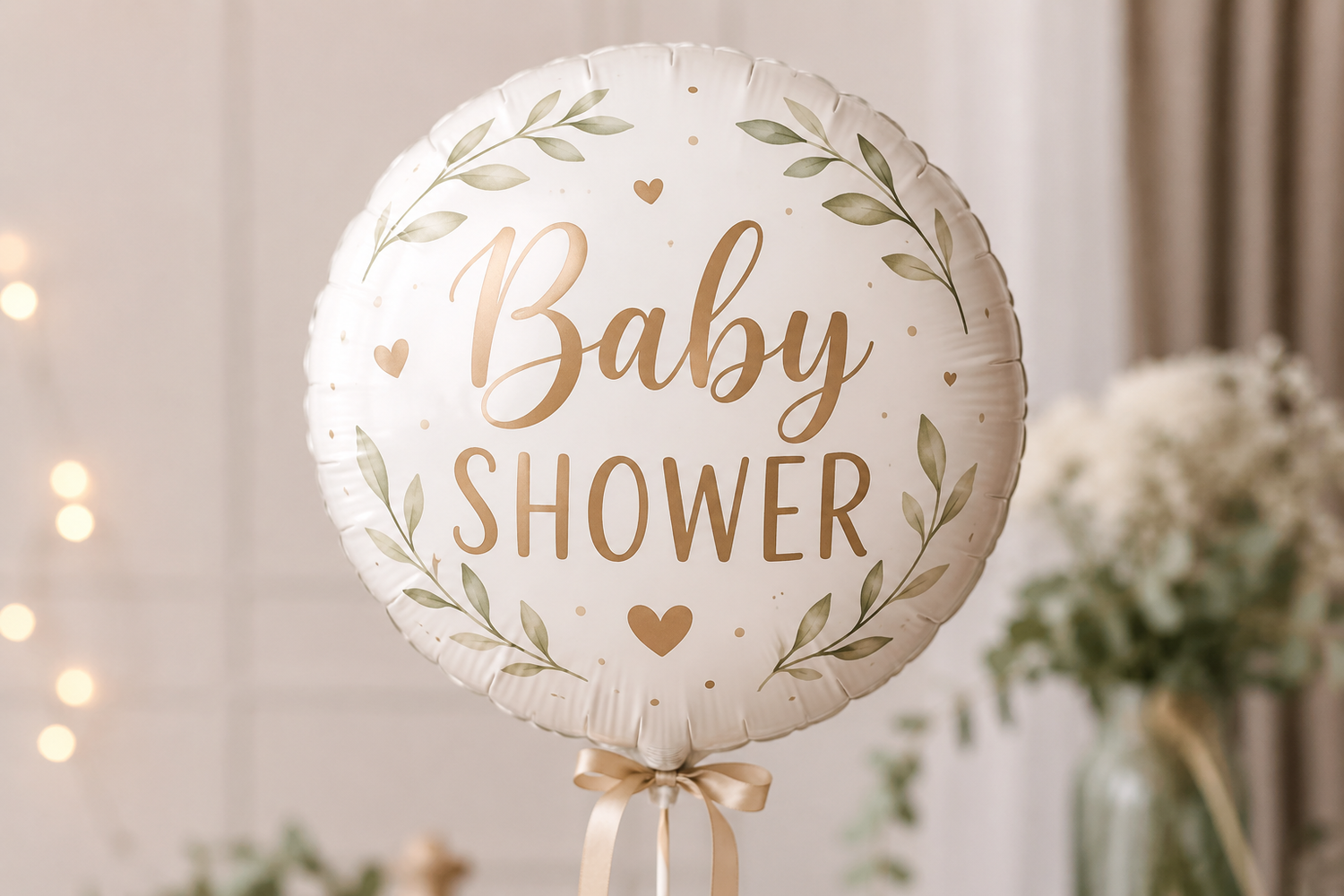 White Baby Shower balloon with gold text and green leaf decorations at party.