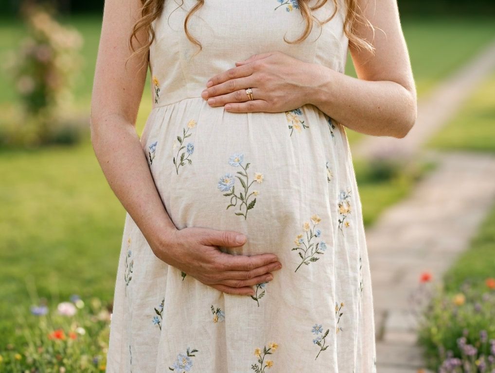 Pregnant woman in floral dress cradling baby bump outdoors in garden setting.