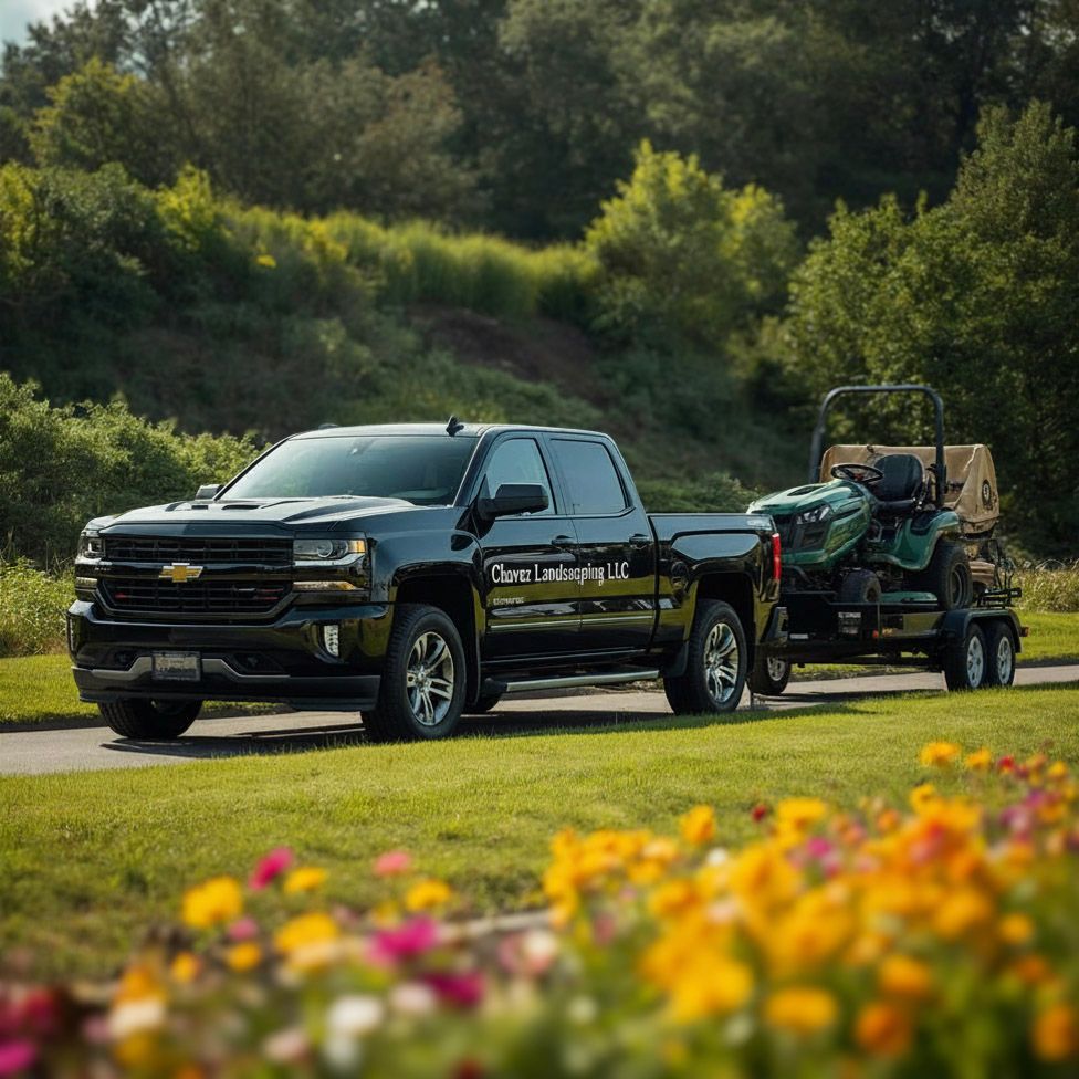 Black Chevrolet Silverado truck towing a landscaping trailer with equipment past colorful garden flowers.