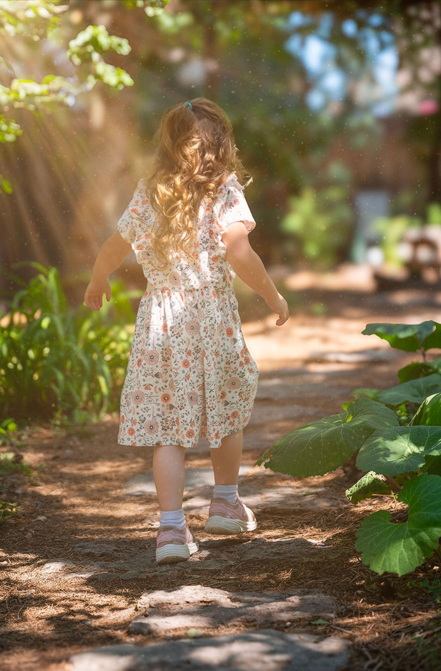 A young girl in a floral dress walks along a sunlit garden path, her long curly hair glowing in the warm light.