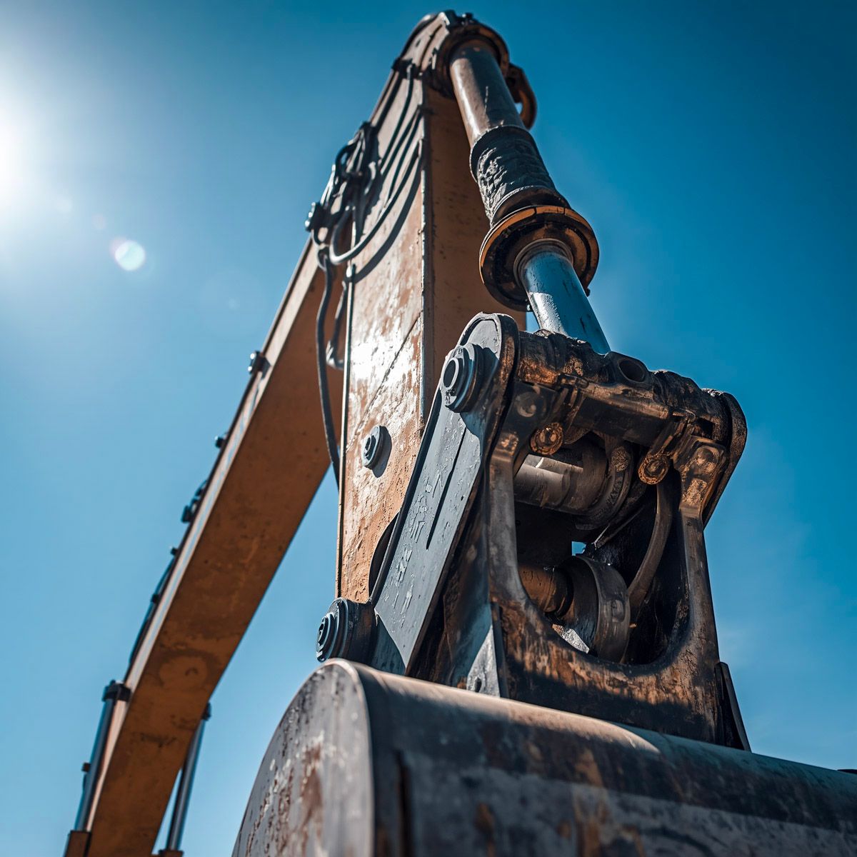 Low angle view of a heavy construction excavator arm and hydraulic cylinder against a bright blue sky.