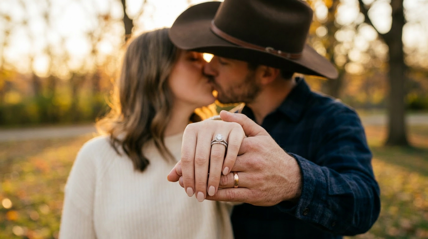 Couple kissing outdoors showing diamond engagement ring in autumn park setting.