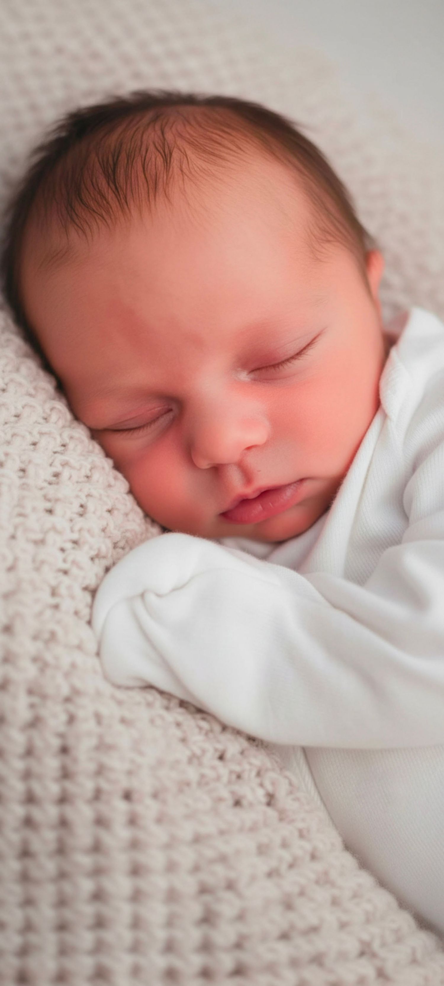 A peaceful newborn baby sleeping soundly in a white onesie on a soft cream knit blanket.