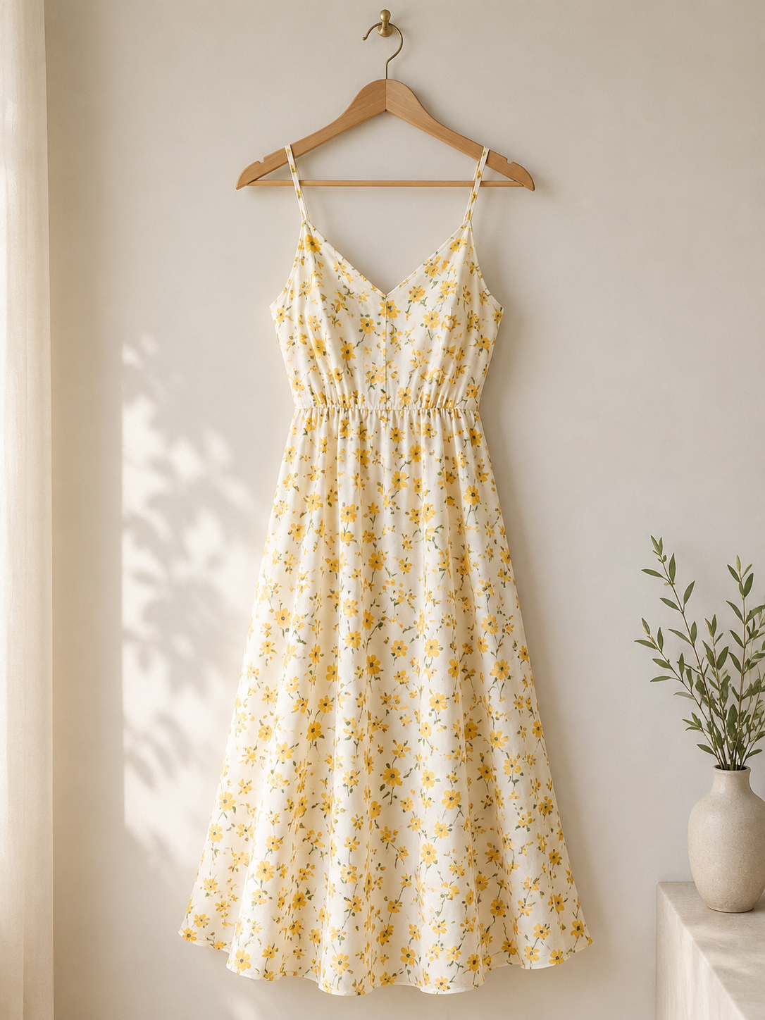 White floral sundress with yellow flowers hanging on wooden hanger.
