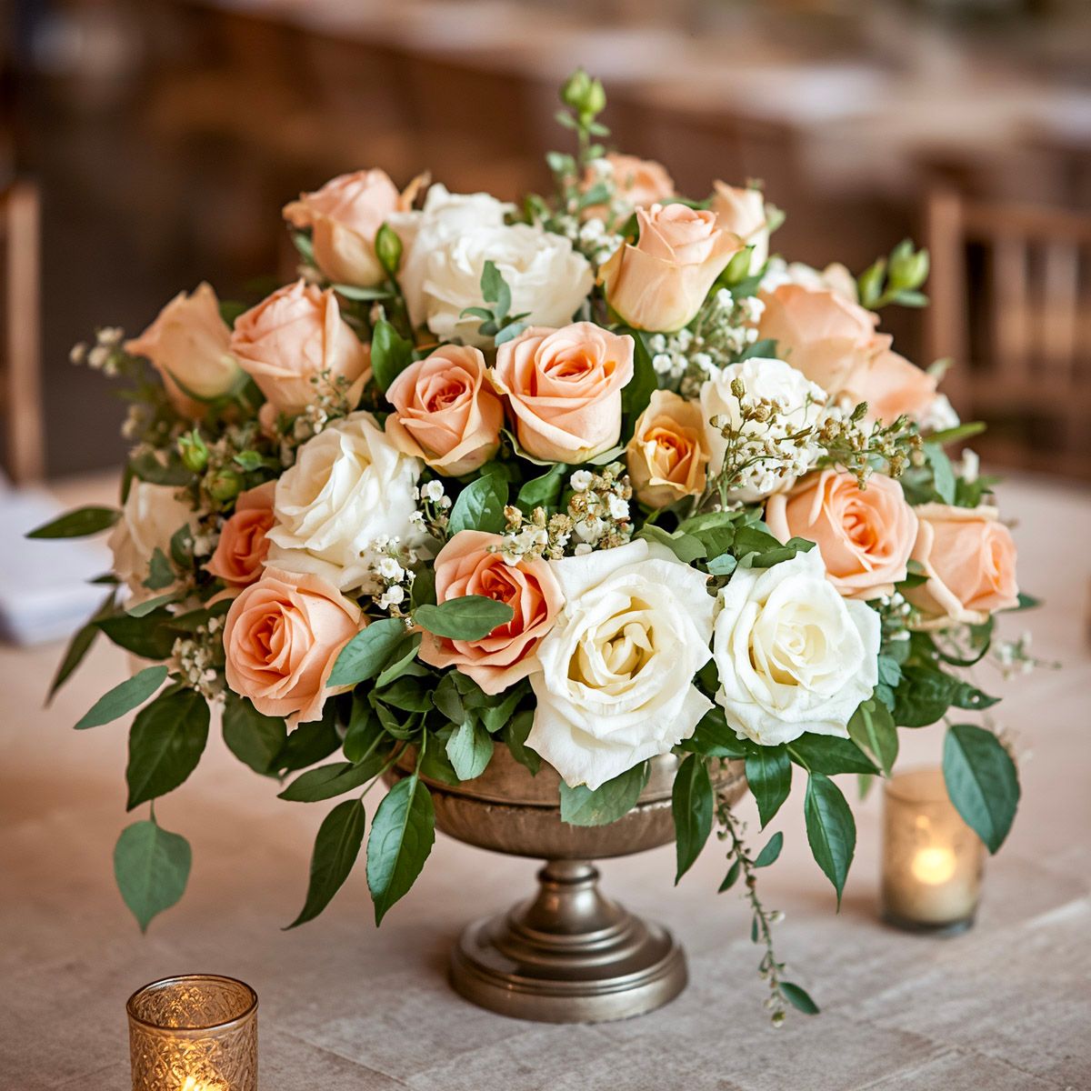 Elegant wedding centerpiece with peach and white roses in bronze pedestal vase on reception table.