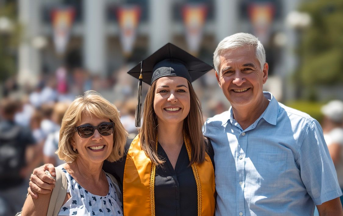 Female graduate in cap and gold sash smiling with two proud parents outdoors at ceremony.